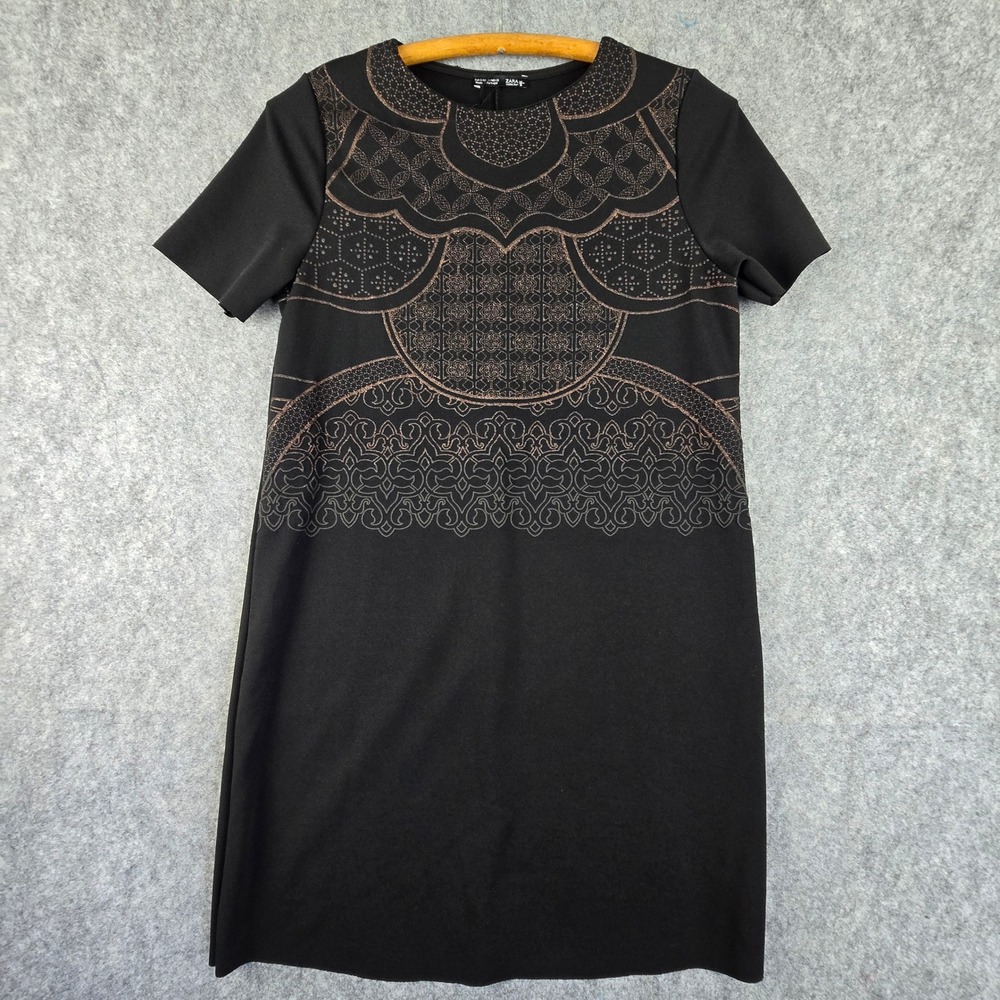 Zara Dress Womens Small Black Rose Gold Glitter Shift Short Sleeve Mini